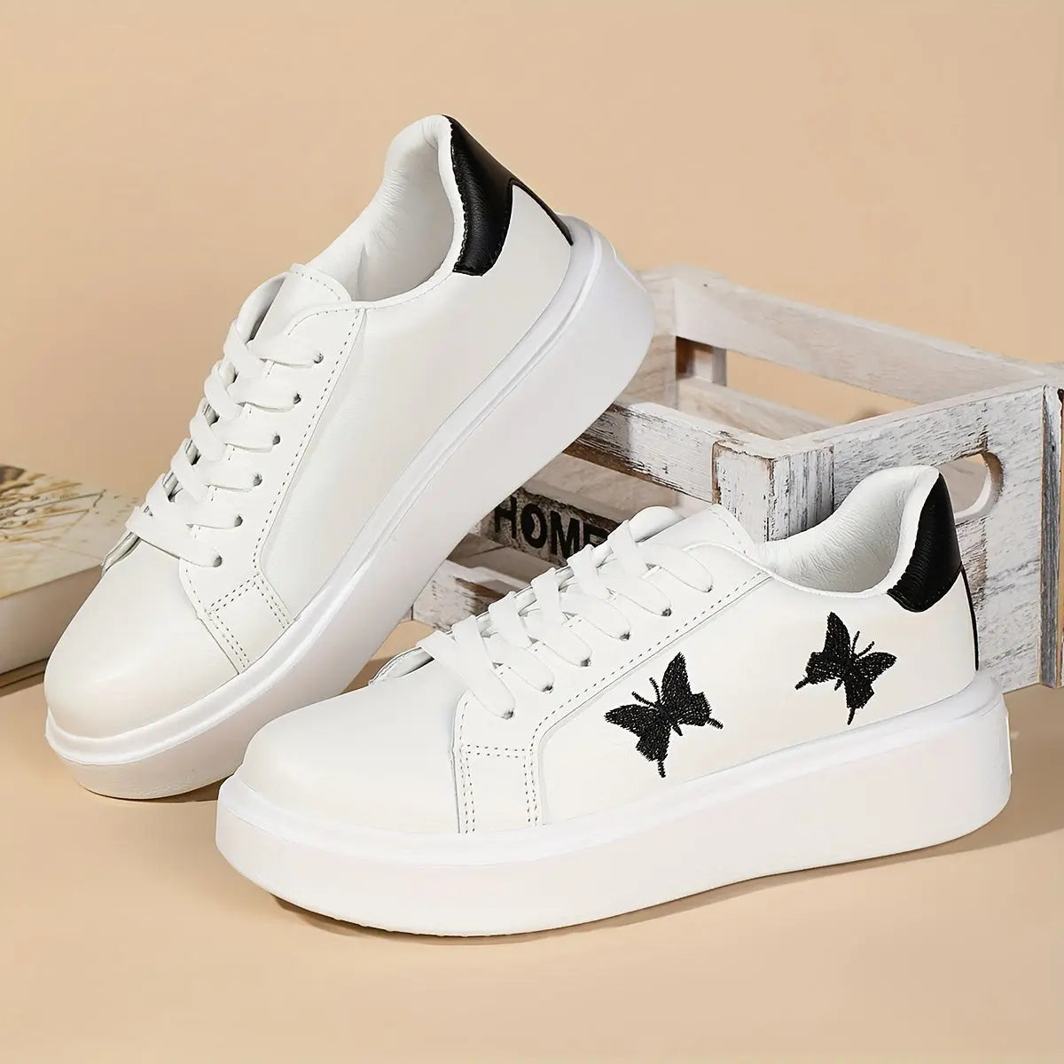 Women's Butterfly Embroidery Lace-Up Skate Sneakers with Thick Sole MyFave Boutique