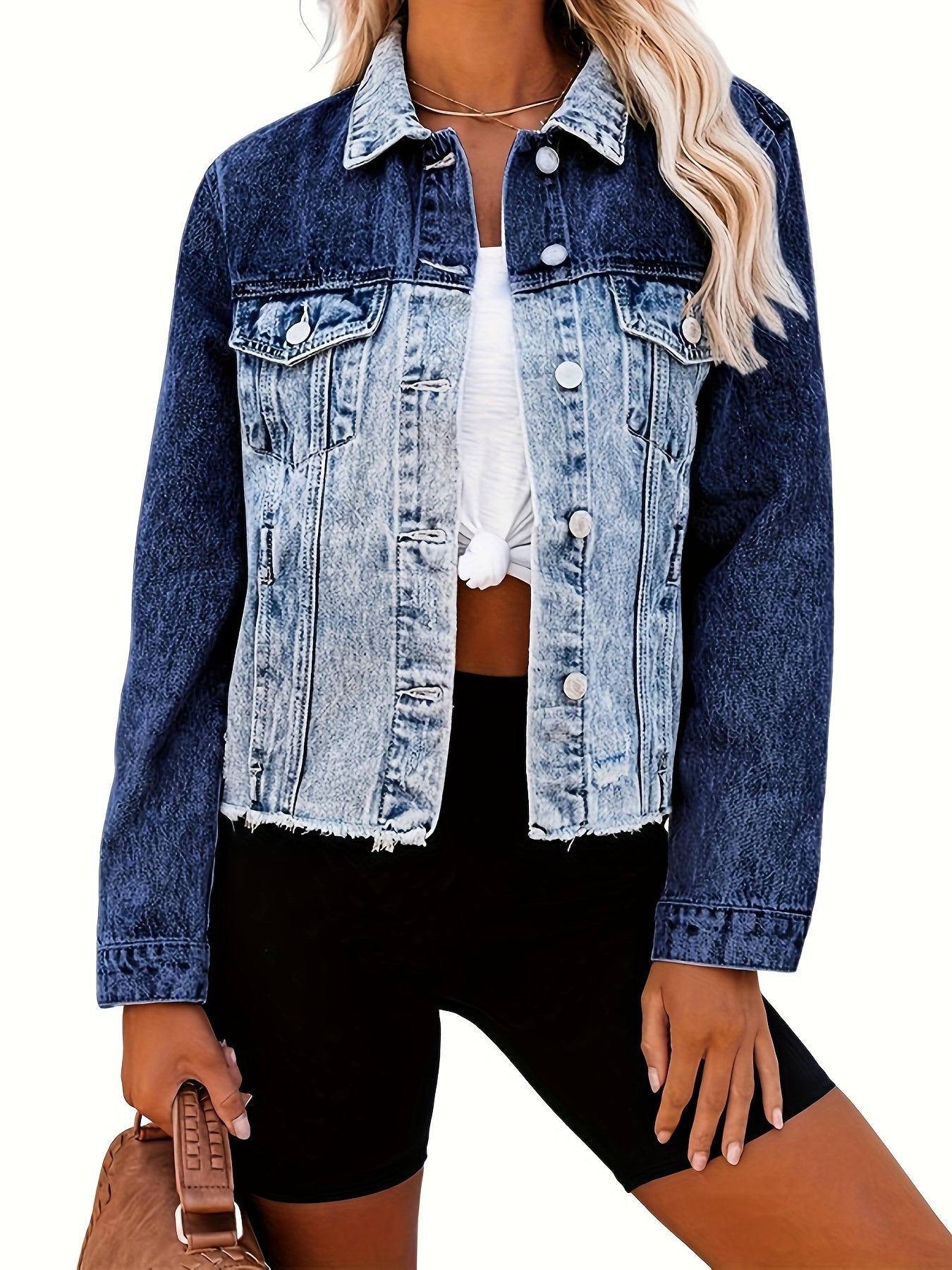 Women's Color Block Long Sleeve Jacket Frayed Washed Button Up Cropped Denim Jacket With Pockets MyFave Boutique