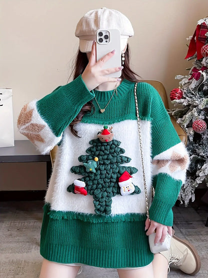 Christmas Tree Decor Crew Neck Sweater, Casual Long Sleeve Sweater For Fall & Winter, Women's Clothing MyFave Boutique