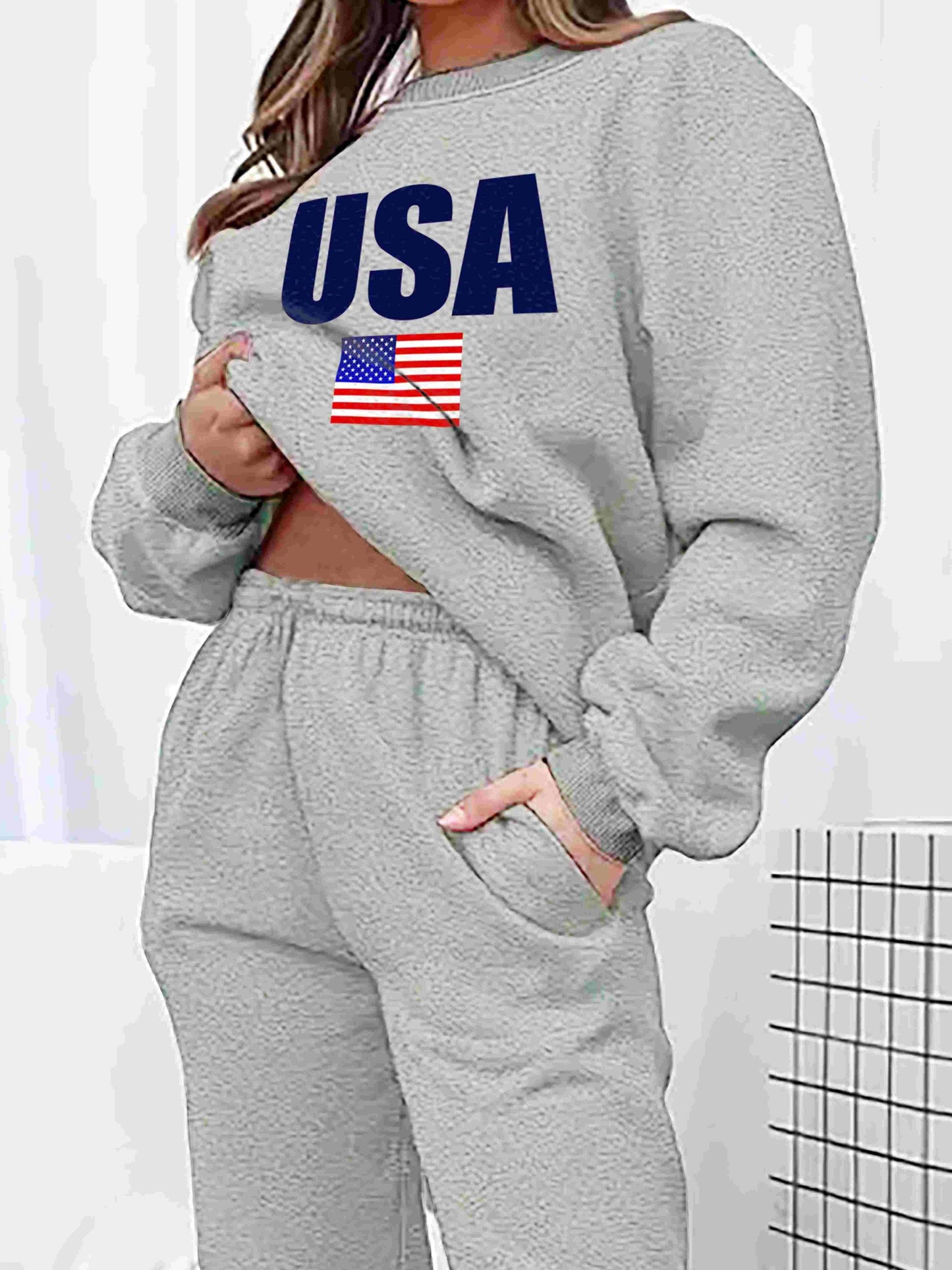 two-piece Women's Flag Print Fleece Set - Cozy Long Sleeve Sweatshirt and Jogger Sweatpants for Casual Comfort MyFave Boutique