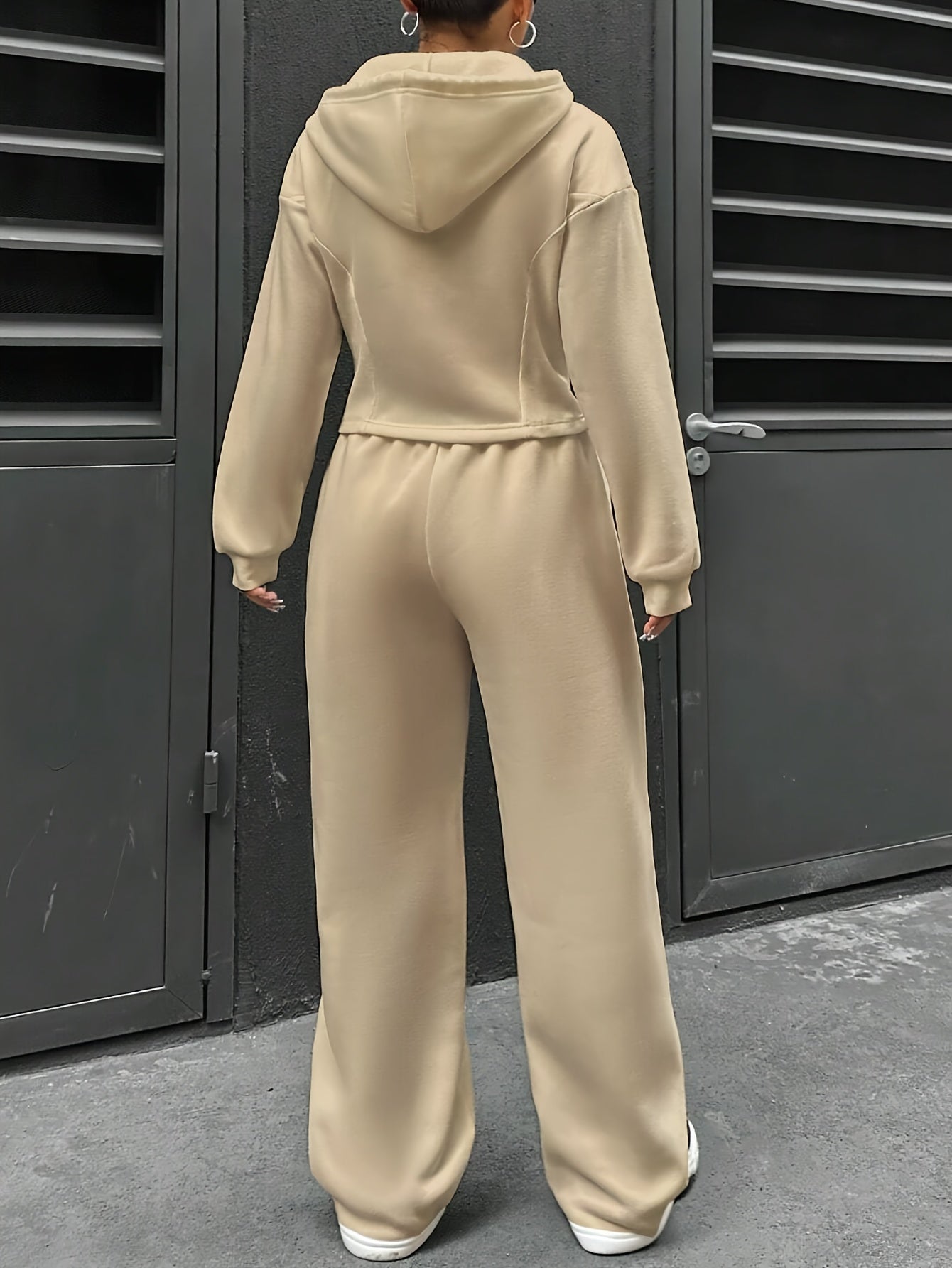 Elegant Polyester Knit Hooded Pantsuit with Drawstring - Solid Color Two-Piece Set for Spring/Fall MyFave Boutique