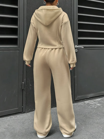 Elegant Polyester Knit Hooded Pantsuit with Drawstring - Solid Color Two-Piece Set for Spring/Fall MyFave Boutique