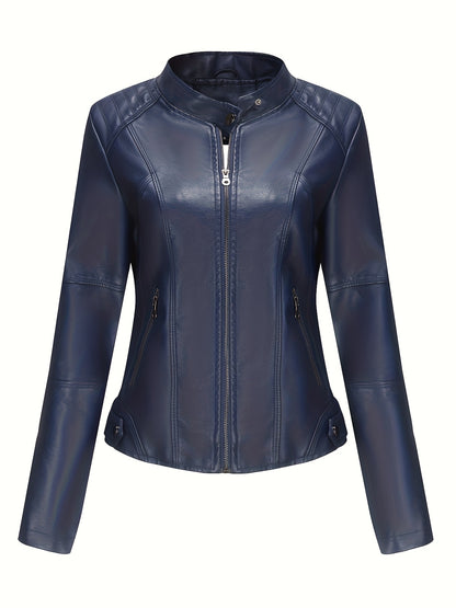 Faux Leather Zip Up Moto Jacket, Stylish Stand Collar Long Sleeve Jacket With Pocket, Women's Clothing MyFave Boutique