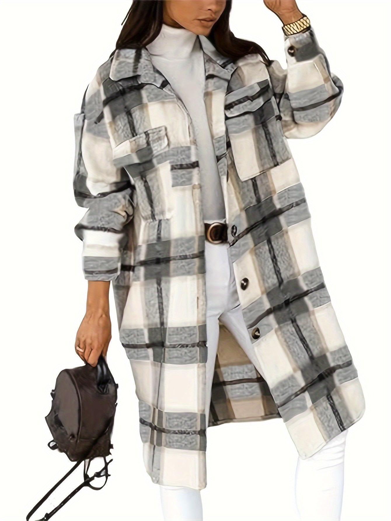 Plaid Print Button Front Long Shirt Jacket, Casual Turndown Collar Long Length Outwear For Spring & Fall, Women's Clothing MyFave Boutique