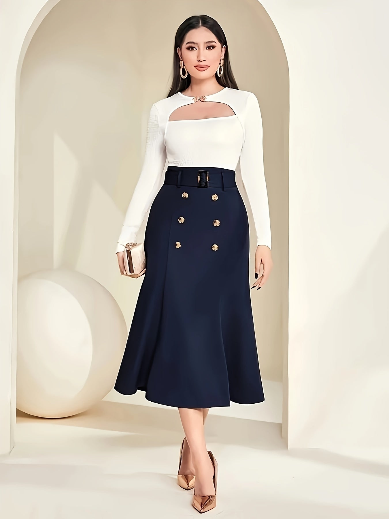 Solid Double Breasted Belted Skirt, Elegant Ruffle Hem Bodycon Skirt For Office & Work, Women's Clothing MyFave Boutique