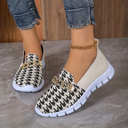 Women's Houndstooth Sock Shoes, Chain Decor Knitted Low Top Slip On Sneakers, Casual Breathable Walking Shoes MyFave Boutique