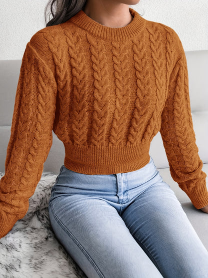 Solid Crew Neck Cable Knit Sweater, Casual Long Sleeve Pullover Sweater, Women's Clothing MyFave Boutique