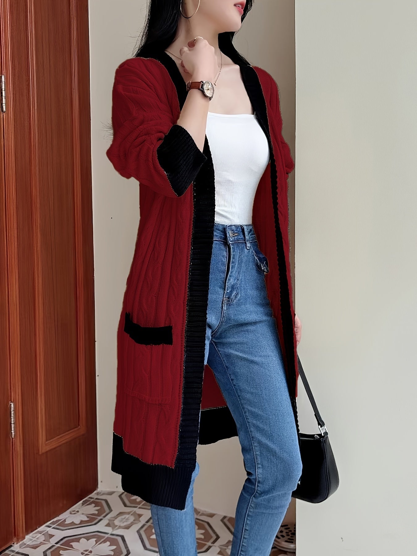 Contrast Trim Open Front Cardigan, Versatile Long Sleeve Pockets Cardigan For Winter & Fall, Women's Clothing MyFave Boutique