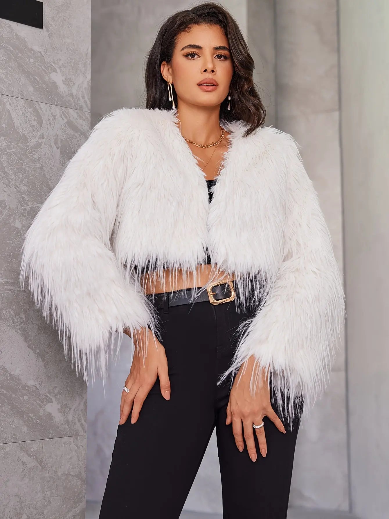 Open Front Faux Fur Coat, Stylish Thermal Long Sleeve Crop Coat For Fall & Winter, Women's Clothing MyFave Boutique