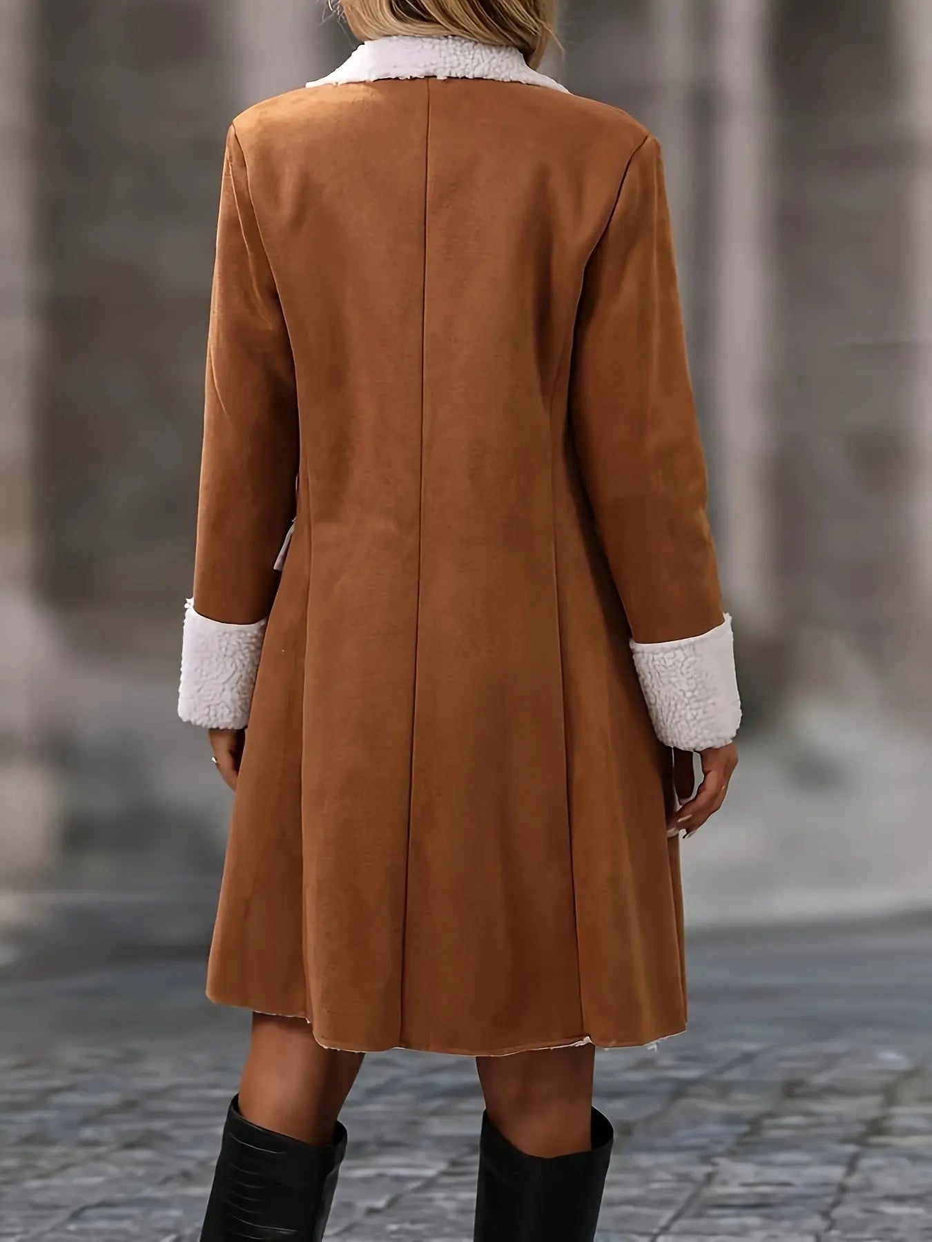 Women's Long Coat, Tom Double-Sided Fleece, Solid Color, Polyester, Regular Sleeve, Long Sleeve, Winter Fashion, Slim Fit, H-Shape, No Belt, No Padding, Open Front, Pseudo Pockets, Woven Fabric MyFave Boutique