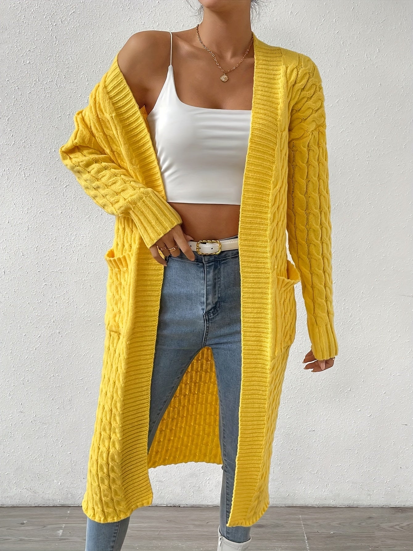 Long Sleeve Cable Knit Cardigan, Casual Drop Shoulder Open Front Cardigan For Spring & Fall, Women's Clothing MyFave Boutique