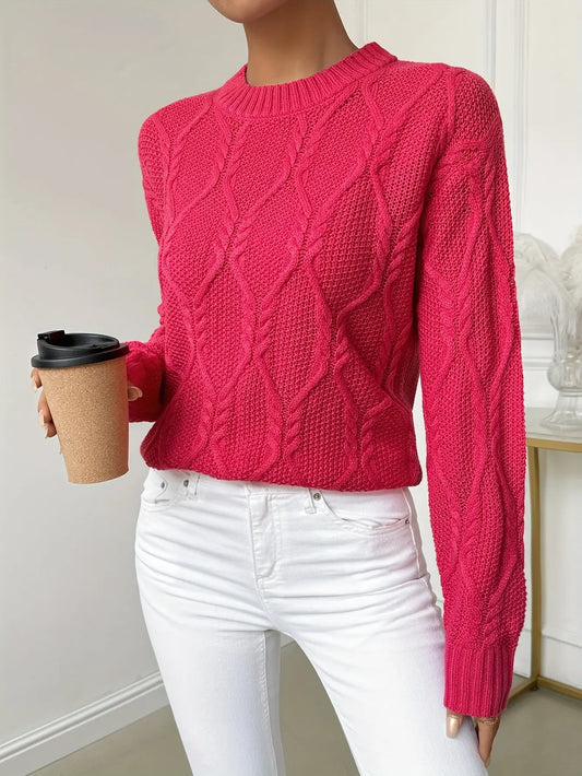 Cable Knit Crew Neck Sweater, Casual Long Sleeve Pullover Sweater For Fall & Winter, Women's Clothing MyFave Boutique