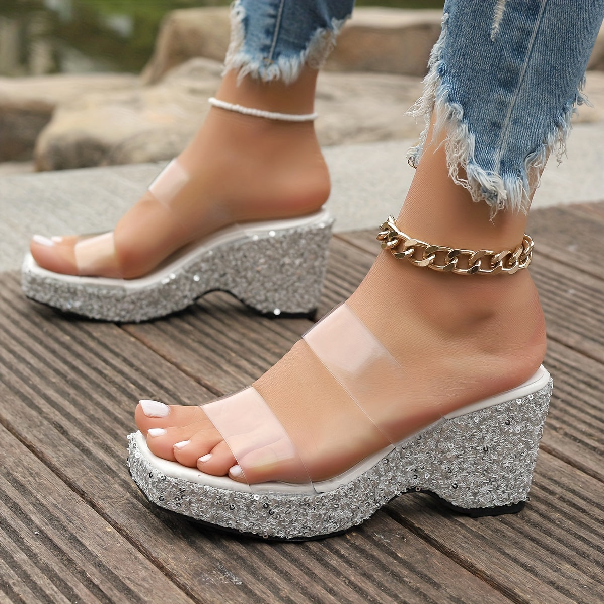 Women's Sequins Decor Wedge Heeled Sandals, Fashion Open Toe Platform Shoes, Stylish Double Transparent Strap Sandals MyFave Boutique