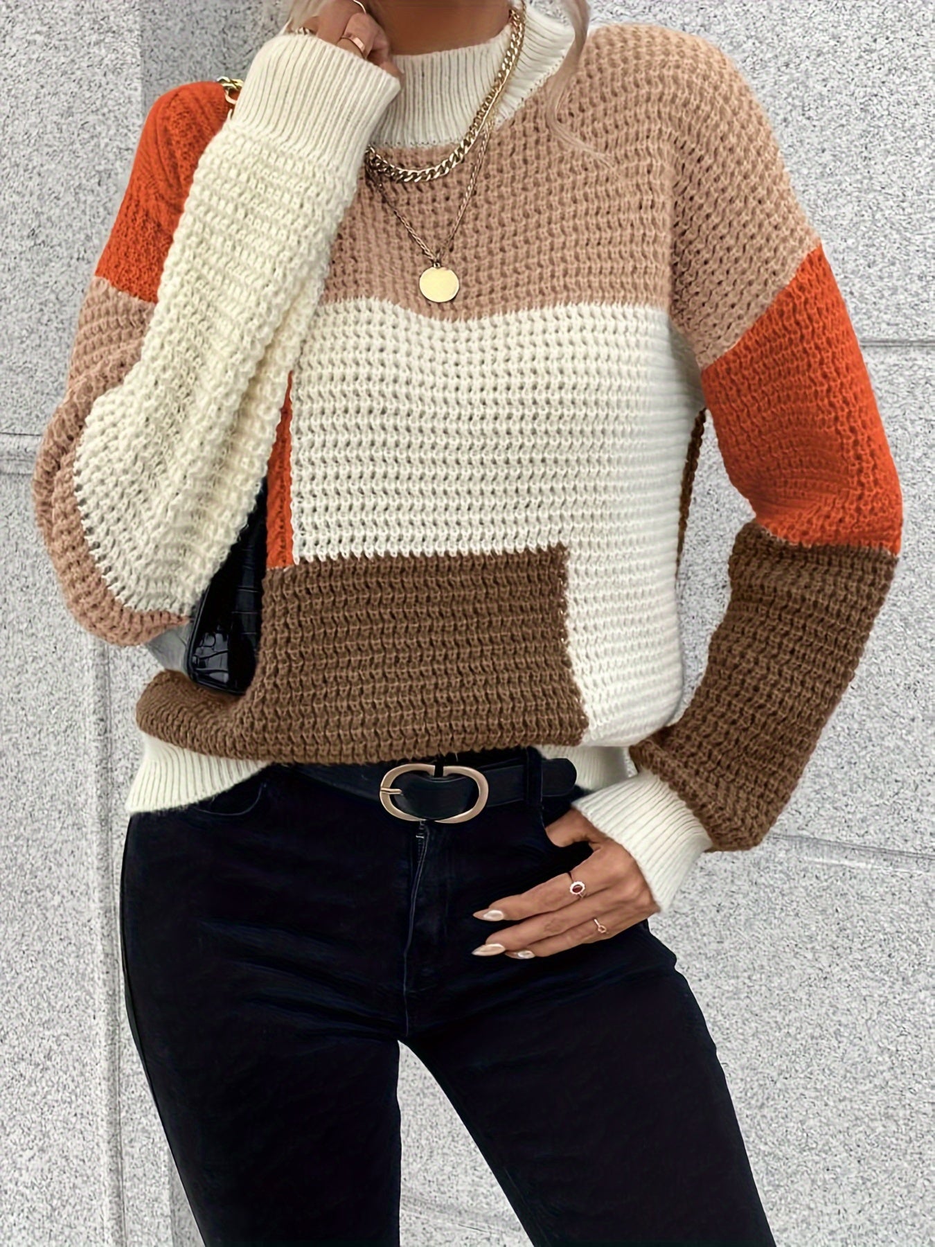 Color Block Mock Neck Sweater, Stylish Drop Shoulder Long Sleeve Sweater For Fall & Winter, Women's Clothing MyFave Boutique