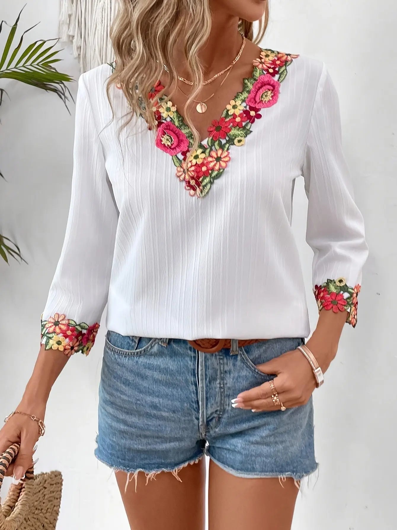 Floral Embroidered V-Neck 3/4 Sleeve Blouse for Women, Spring & Summer Elegant Blouse MyFave Boutique