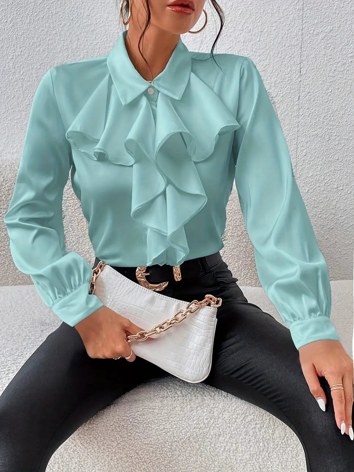 Solid Color Ruffle Trim Blouse, Elegant Long Sleeve Blouse For Spring & Fall, Women's Clothing MyFave Boutique