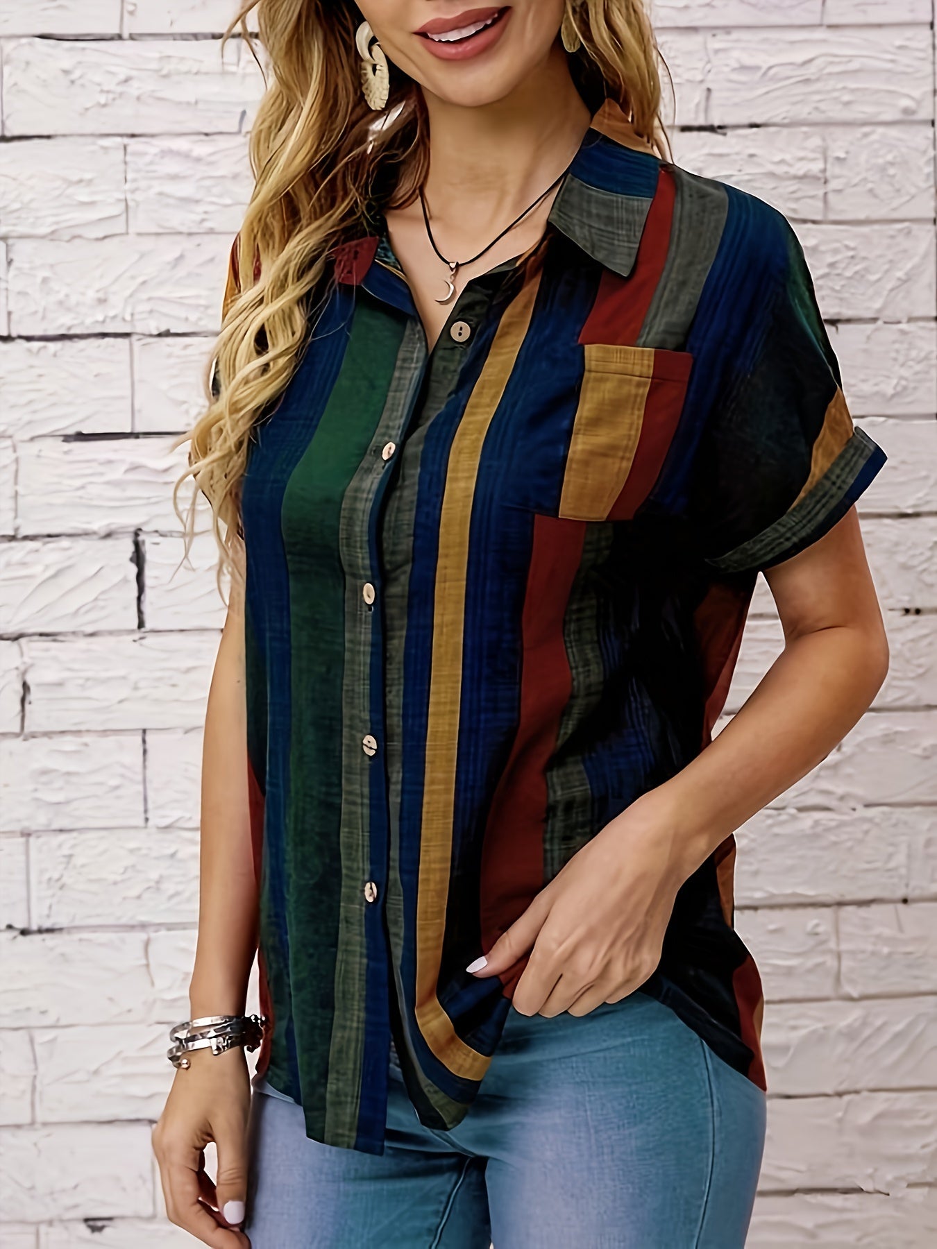 Women's Striped Shirt Button Down Short Sleeved Pocket Front Shirt Top Spring/summer/autumn Retro Short Sleeved Shirt, Women's Clothing MyFave Boutique