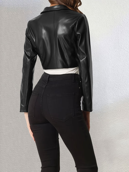 Solid Lapel Open Front Crop Jacket, Elegant Long Sleeve Faux Leather Crop Outwear, Women's Clothing MyFave Boutique