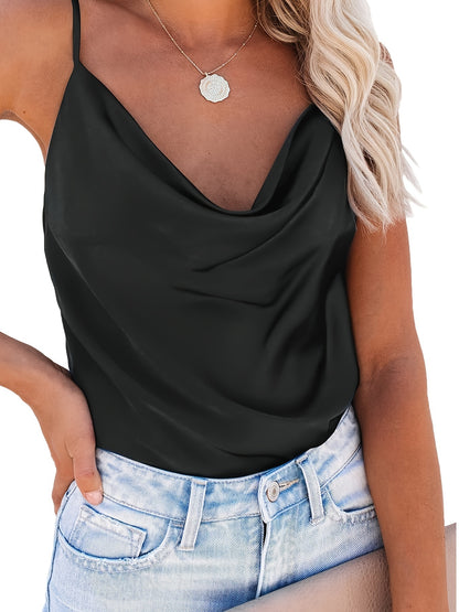 Women's Satin Camisole - Cute and Sexy Sleeveless Top with Pile Neck MyFave Boutique