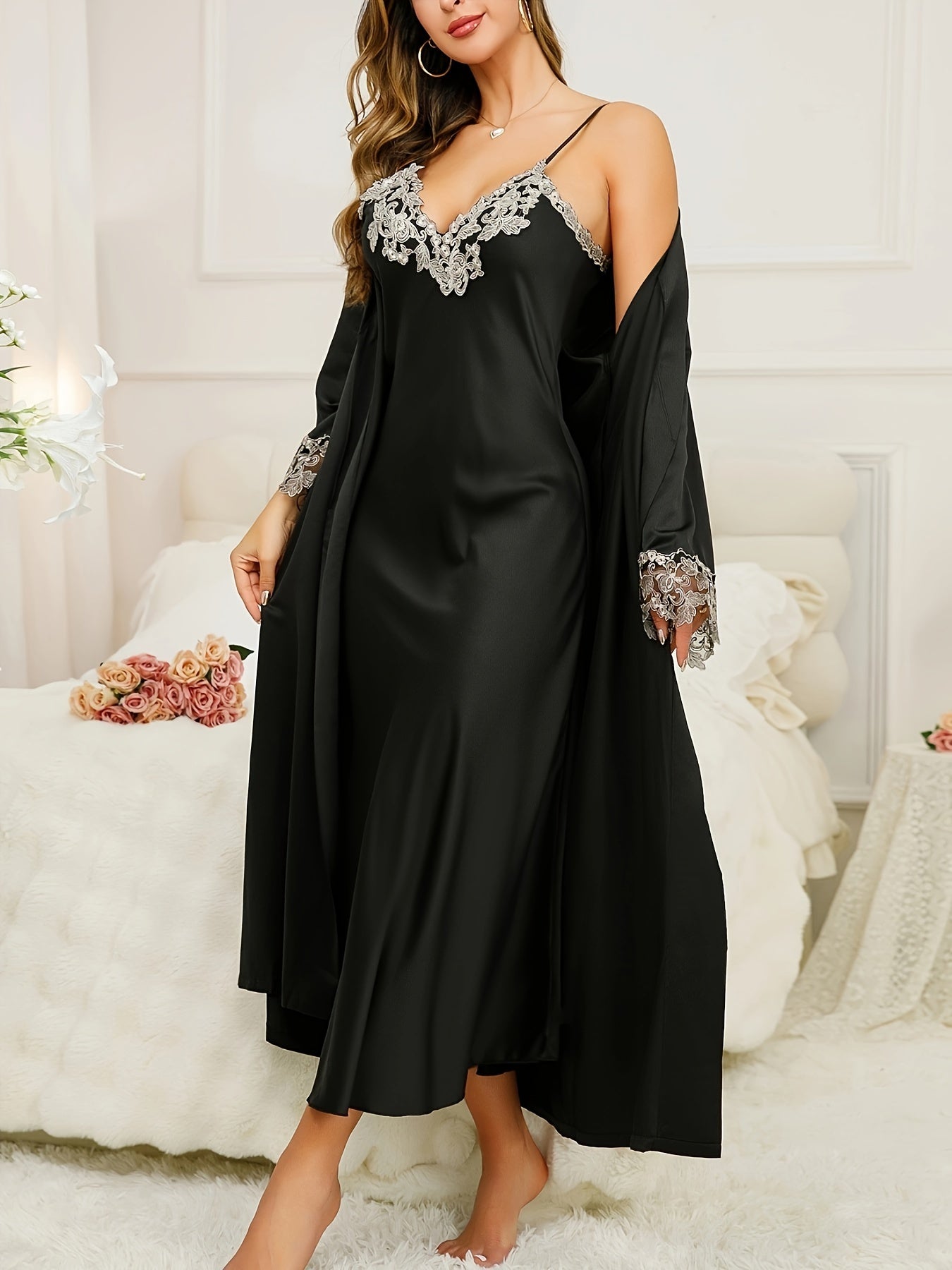 Women's Elegant Solid Pajama Set with V-Neck Midi Slip Dress and Long Sleeve Belted Robe - Comfortable Sleepwear and Loungewear MyFave Boutique