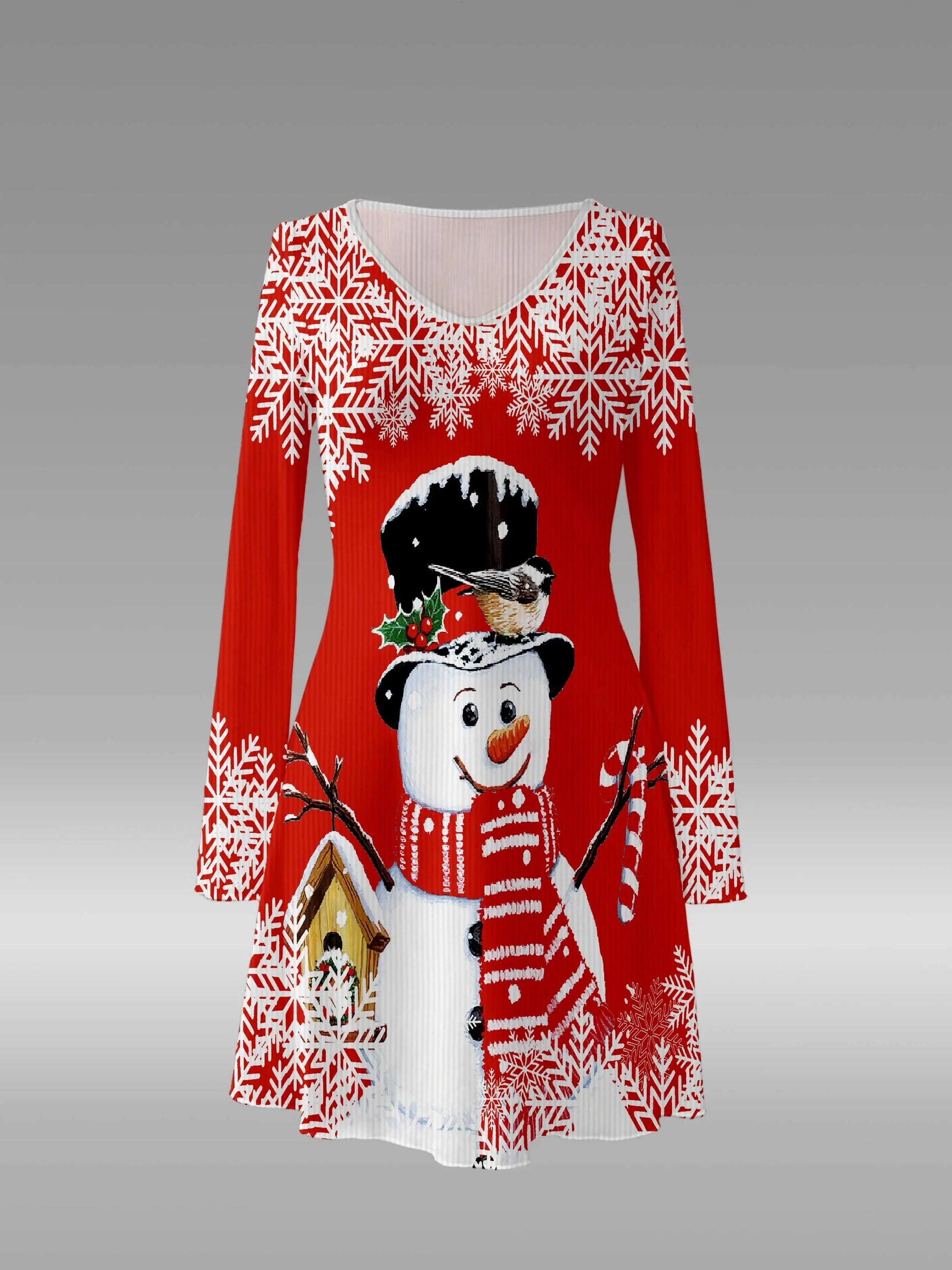 Women's Christmas Snowman Print Dress, Polyester V-Neck Long Sleeve A-Line Knit Dress, Striped Texture, No Belt, Short Length, Asymmetrical Hem, No Padding, Adult Size MyFave Boutique