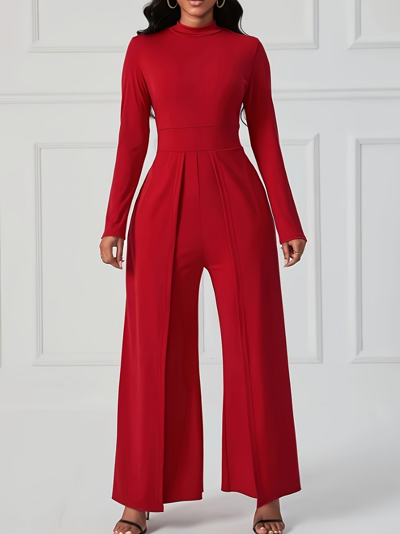 Solid Color Crew Neck Jumpsuit, Elegant Waist Slim Long Sleeve Jumpsuit For Spring & Summer, Women's Clothing MyFave Boutique