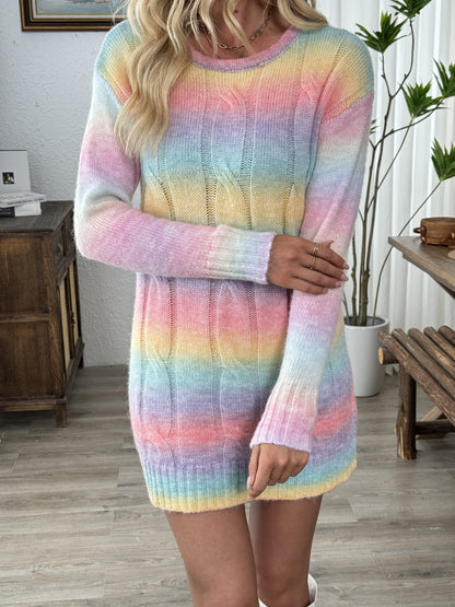 Rainbow Color Crew Neck Knitted Dress, Casual Long Sleeve Dress For Fall & Winter, Women's Clothing MyFave Boutique