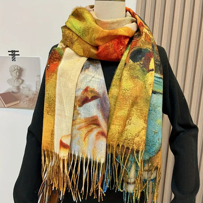 Women's Vintage-Inspired Double-Sided Printed Tassel Shawl - Cozy, Warm Winter Scarf with Classic Design MyFave Boutique