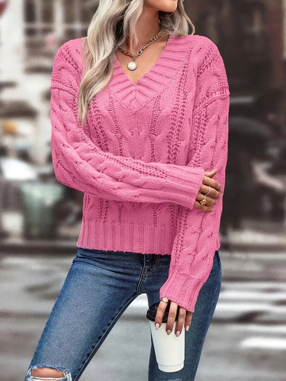 Solid V Neck Cable Knit Sweater, Casual Long Sleeve Sweater For Fall & Winter, Women's Clothing MyFave Boutique