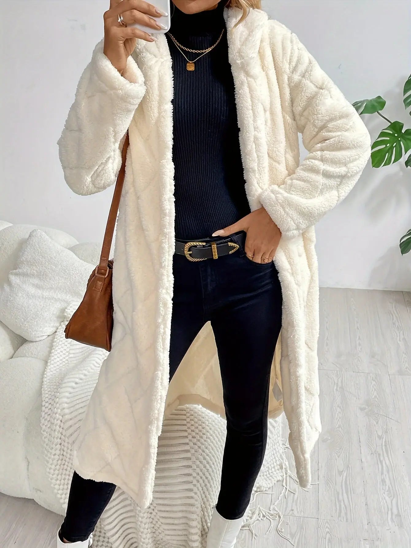 Elegant Apricot Long Sleeve Teddy Coat for Women - Cozy & Warm, Button-Up Fuzzy Outerwear with Pockets, Machine Washable, Polyester Blend, Perfect for Fall/Winter MyFave Boutique