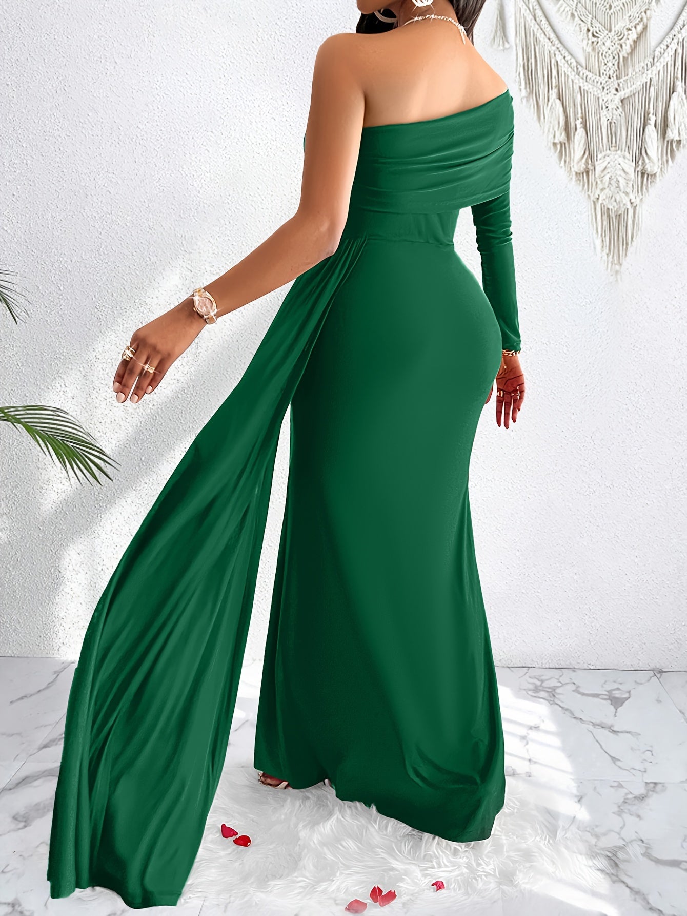 One Shoulder Asymmetrical Flowy Dress, Elegant Ruched Maxi Dress For Party & Banquet, Women's Clothing MyFave Boutique