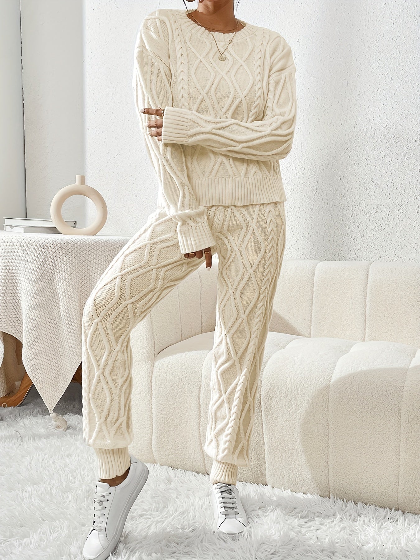 two-piece Women's Cable Knit Sweater Set - Cozy Crew Neck Long Sleeve Top and Long Pants Outfit for Comfortable Winter Wear MyFave Boutique