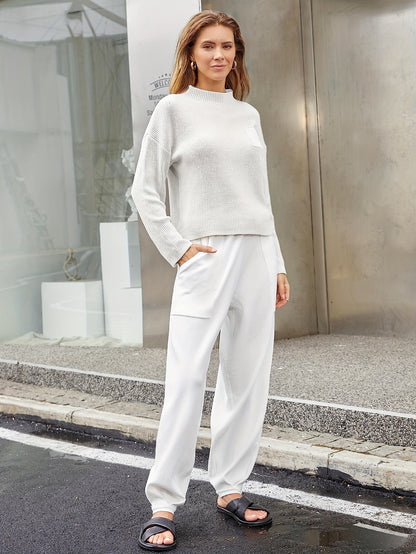 Casual Knitted Pantsuits, Mock Neck Pocket Pullover Sweater & Loose Pants Outfits, Women's Clothing MyFave Boutique