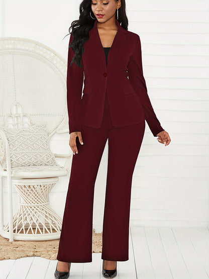 Elegant Solid Slim-Fit Two Piece Set, Single-Breasted Lapel Neck Blazer & Pants Outfits For Office & Work, Women's Clothing MyFave Boutique