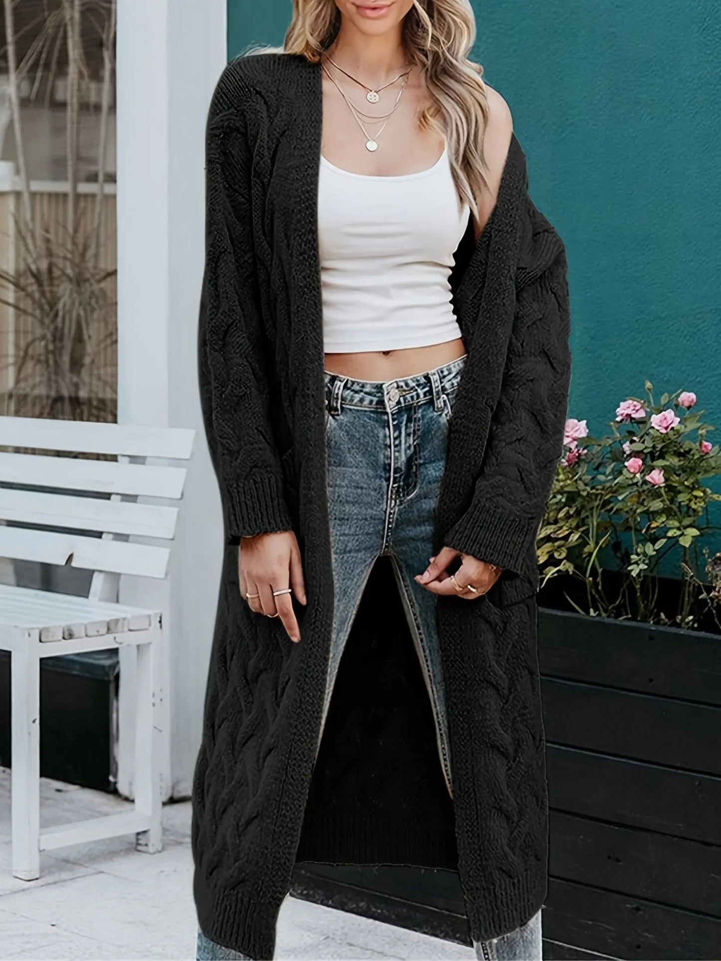 Cable Knit Long Cardigan Coat for Women - Open Front Loose Sweater with Pockets MyFave Boutique