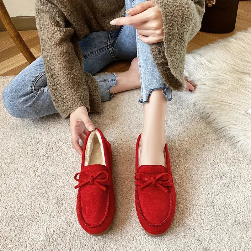 Women's Bowknot Decor Flat Loafers, Casual Slip On Plush Lined Winter Shoes, Women's Comfortable Shoes MyFave Boutique