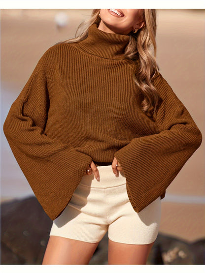 Solid Color Turtle Neck Pullover Sweater, Elegant Flared Long Sleeve Ribbed Knitted Sweater For Fall & Winter, Women's Clothing MyFave Boutique