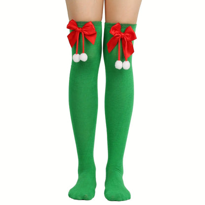 Cozy Women's Over-the-Knee Christmas Socks with Bow & Pompom - Warm Striped Polyester Leggings for Holiday Gifts MyFave Boutique