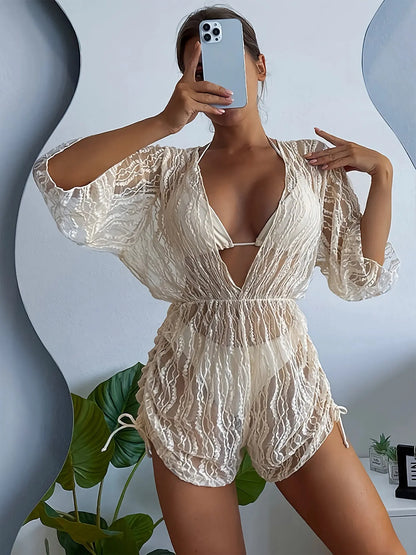 Three-Piece Mesh Long Sleeve Cover-Up Swimsuit Set - Waist-Cinching, Lace, Sun Protection, Solid Color, Beach, Hot Springs, Pool, and Water Park Essential - Perfect for Summer Vacation and Outdoor Activities MyFave Boutique