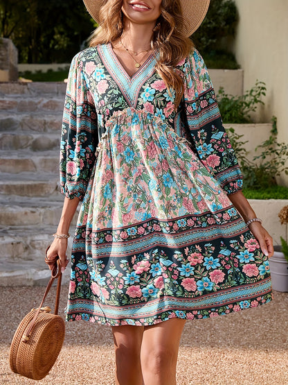 Floral Print V Neck A-line Dress, Casual Long Sleeve Dress For Spring & Fall, Women's Clothing MyFave Boutique