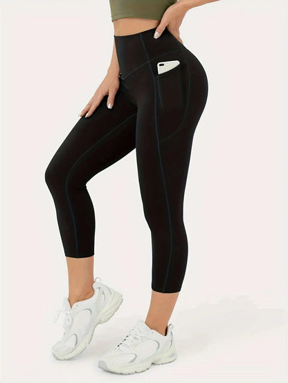 High-Waisted Side Pocket Sculpting Cropped Leggings with Breathable Design and Phone Pouch Detail MyFave Boutique