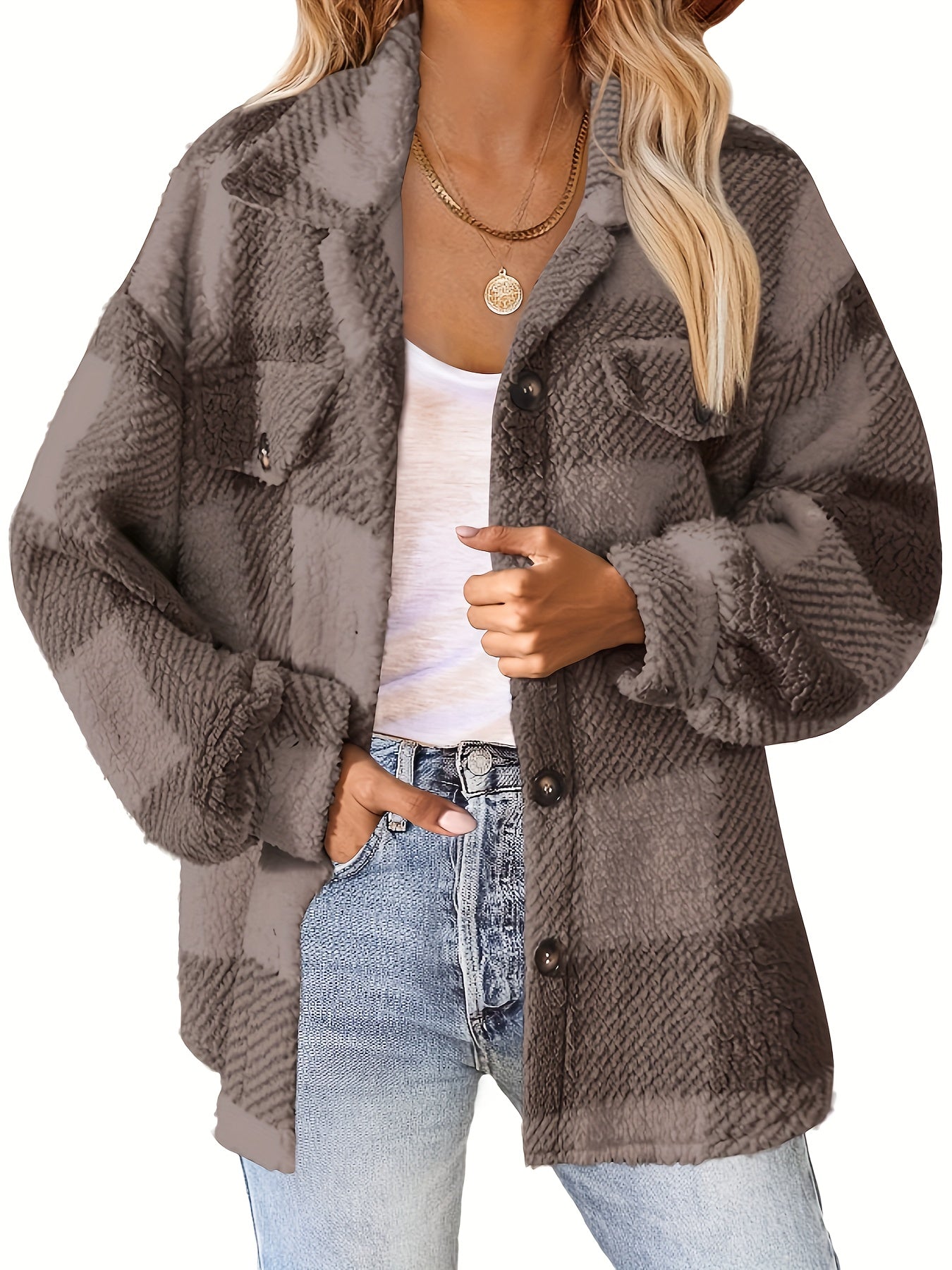 Cozy Plaid Fuzzy Jacket - Soft, Warm, And Stylish Long Sleeve Outerwear With Button Front Closure For Women - Perfect For Fall And Winter Casual Wear MyFave Boutique