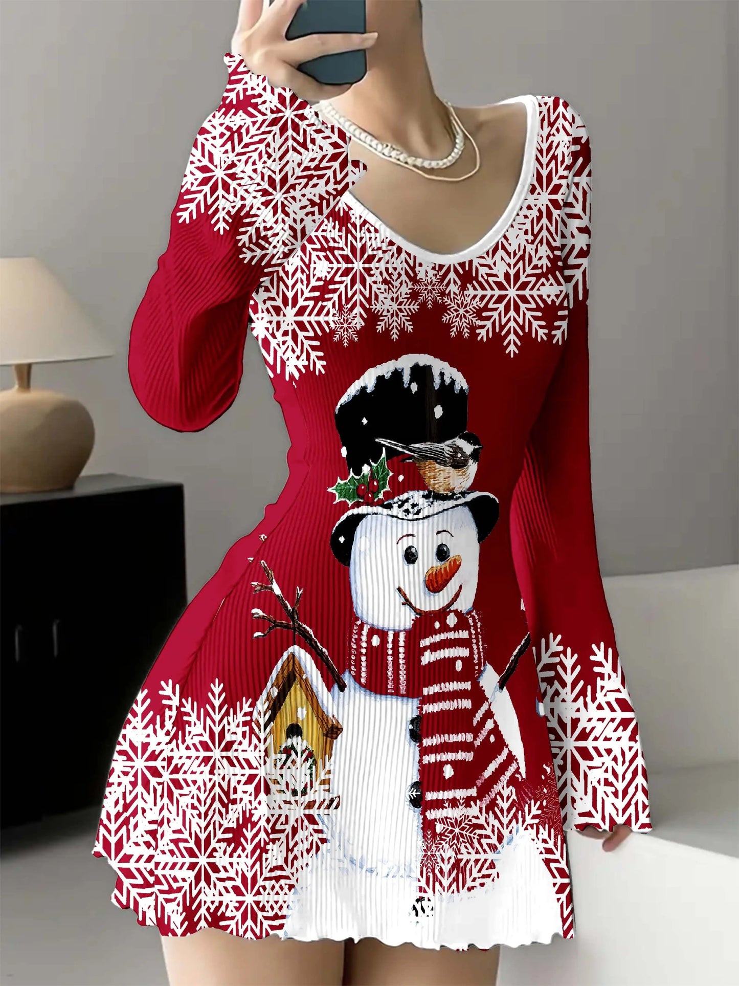 Women's Christmas Snowman Print Dress, Polyester V-Neck Long Sleeve A-Line Knit Dress, Striped Texture, No Belt, Short Length, Asymmetrical Hem, No Padding, Adult Size MyFave Boutique