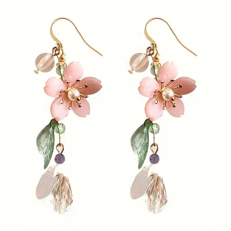 Floral Pink Cherry Blossom Dangle Earrings With Imitation Pearl Accents, Summer Breeze Pastoral Style, Classic Festive Ear Jewelry For Seaside Holidays MyFave Boutique