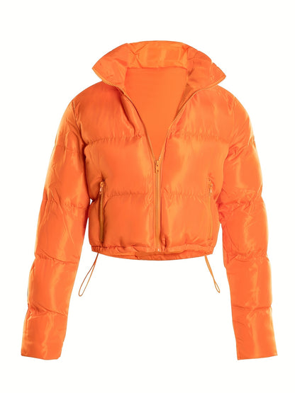 Women's Long Sleeve Puffer Jacket With Zipper, Casual Warm Quilted Coat For Fall/Winter, Fashion Orange Outwear, Thermal Wear MyFave Boutique