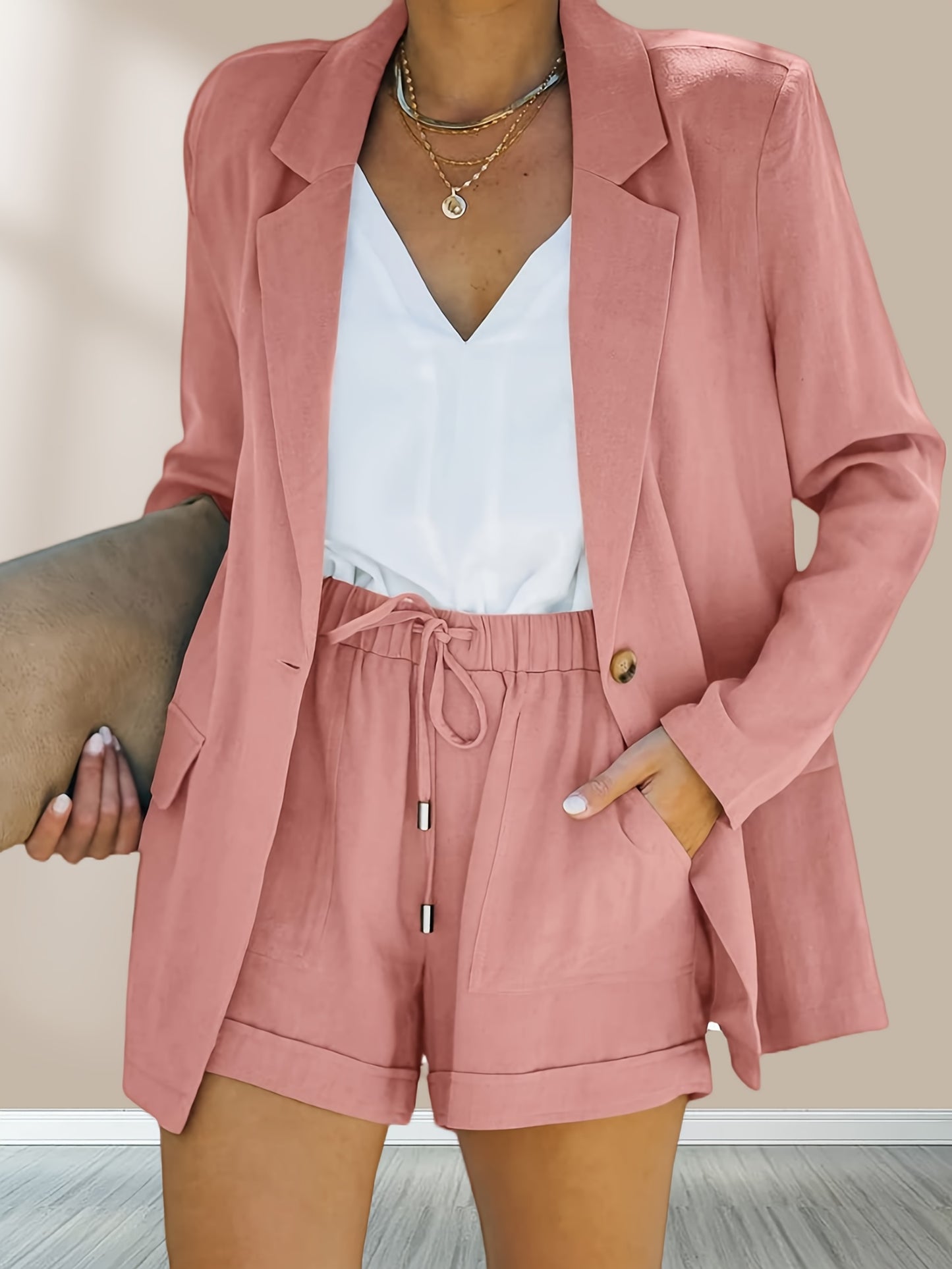 Women's Business Suits Long Sleeve Blazer Jacket Coat And High Waisted Shorts Two Pieces Outfits Set MyFave Boutique