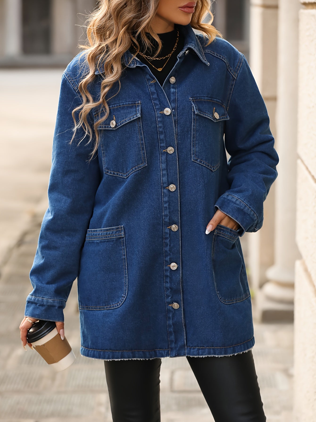 Women's Fleece-Lined Denim Jacket with Lapel, Flap Pockets, and Long Sleeves - Stay Warm and Stylish All Winter Long MyFave Boutique