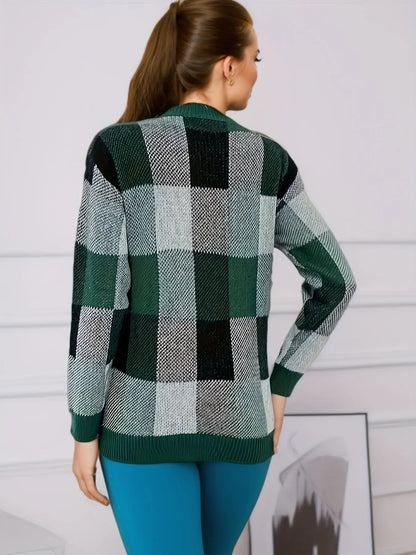 Knit Plaid Print Crew Neck Sweater, Casual Long Sleeve Sweater, Women's Clothing MyFave Boutique