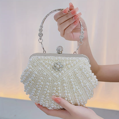 Women Faux Pearl Decor Small Clutch Purse - Beaded Bridal Evening Bag Formal Shell Shape Handbag MyFave Boutique