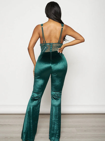 Glam Velvet Rhinestone Flare Jumpsuit - Luxe Night Out Outfit for Women MyFave Boutique